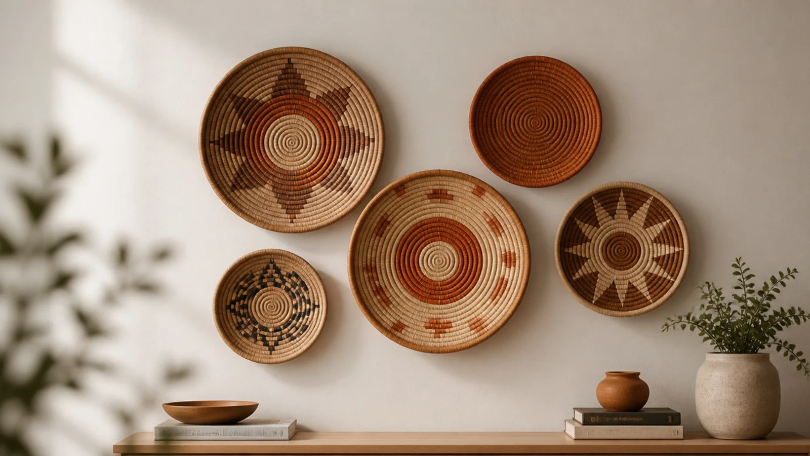 cluster of flat woven baskets arranged as art on a plain wall