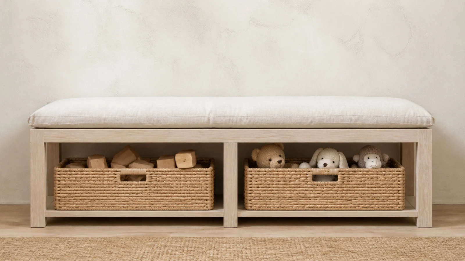two seagrass bins pushed beneath a simple pale timber bench