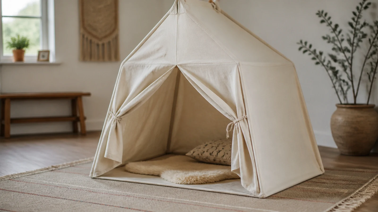 natural cotton play tent standing open on a flatweave rug