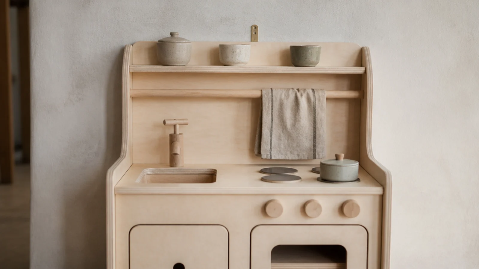 pale birch play kitchen styled with linen cloth and stoneware pots