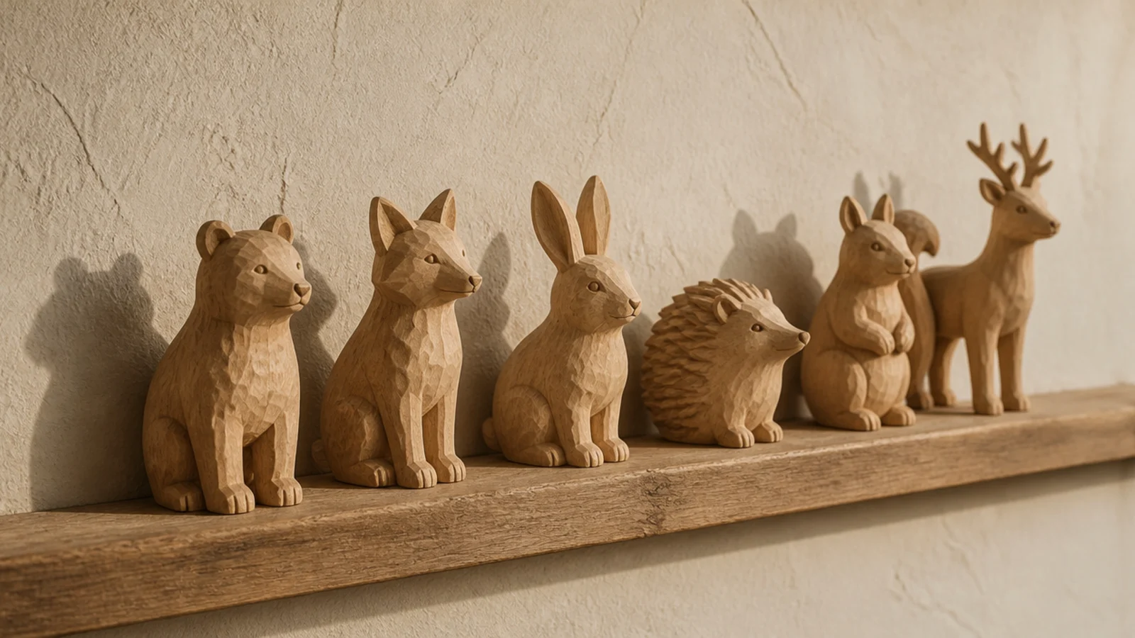 row of carved wooden animals standing along a narrow timber ledge