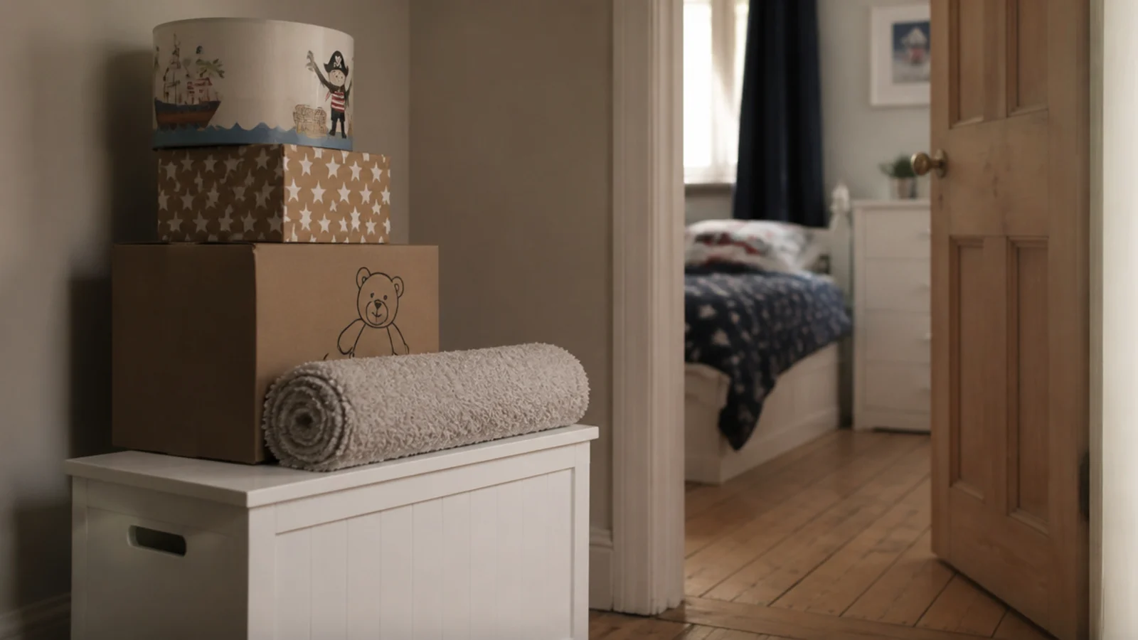 small pile of returned child bedroom decor boxed up by a doorway
