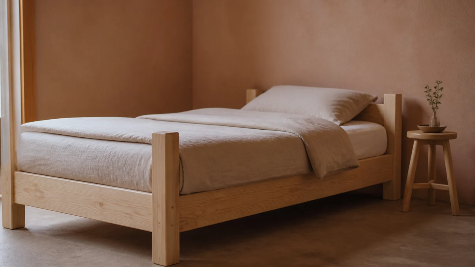 plain low wooden bed frame standing where a shaped frame used to be