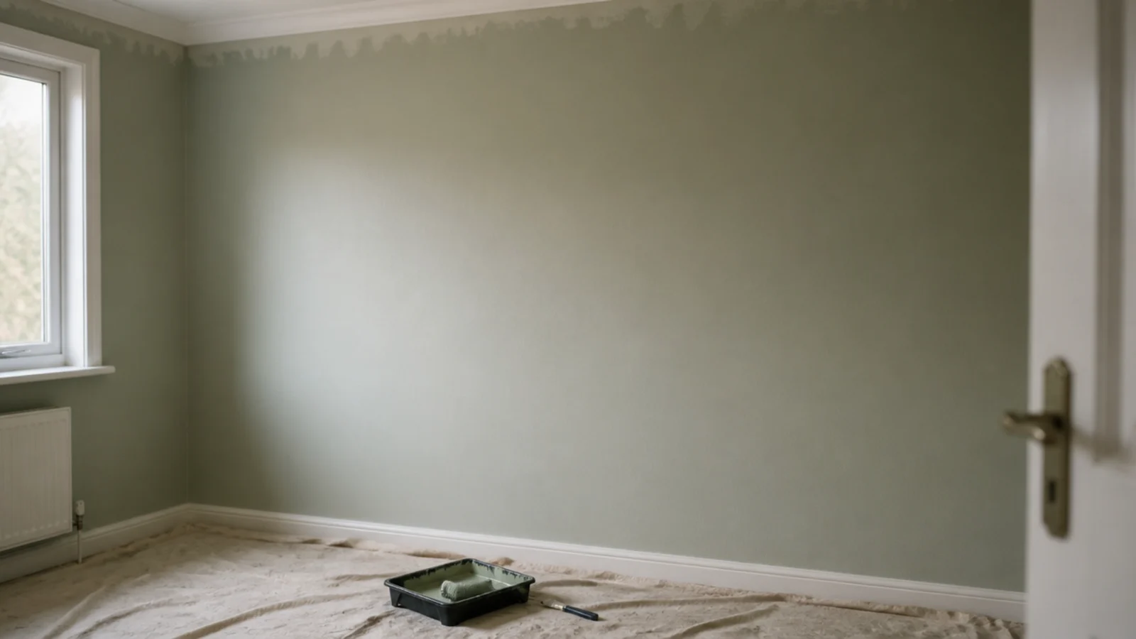painted feature wall in a single soft tone replacing a removed mural