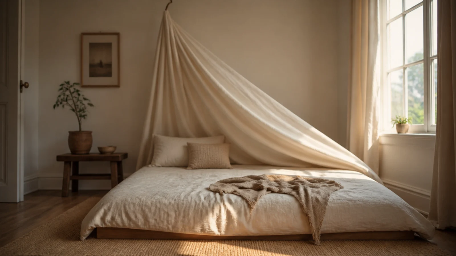 muslin canopy rehung at the foot of a bed away from the pillow end