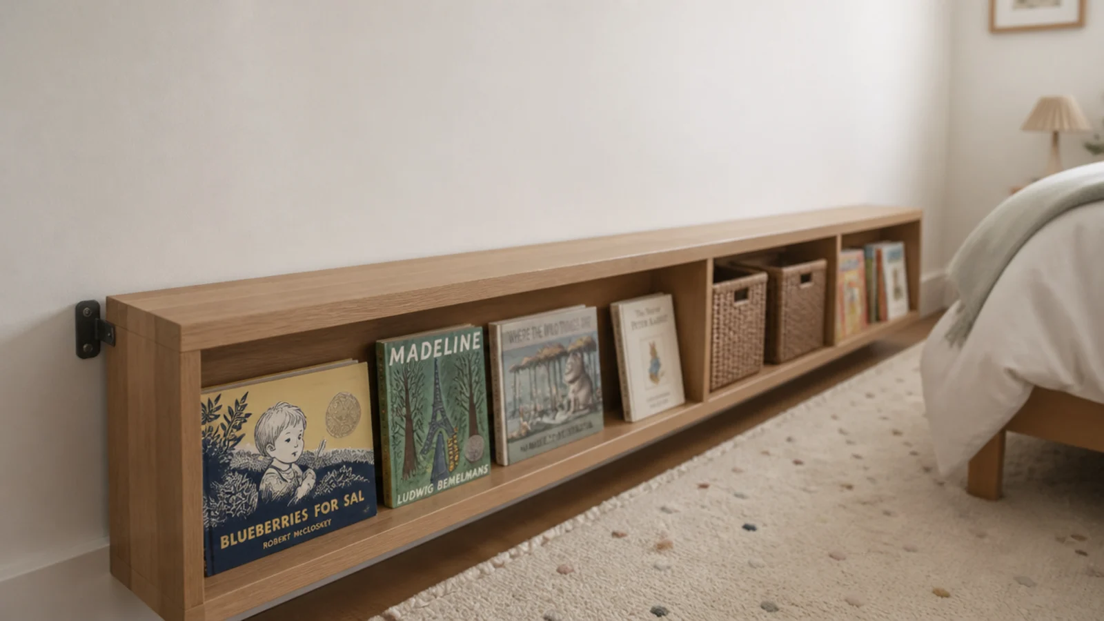 low horizontal shelf unit replacing a tall bookcase against a wall