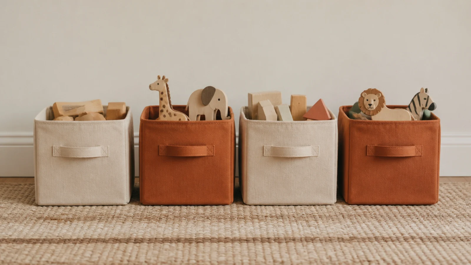 four open fabric bins standing on the floor where a toy chest stood
