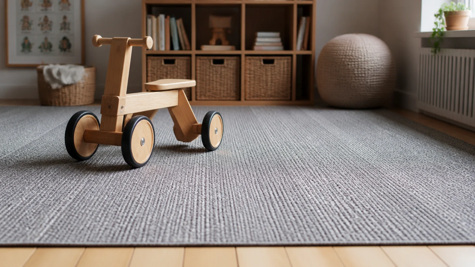 flat washable rug lying smooth under a wooden ride on toy