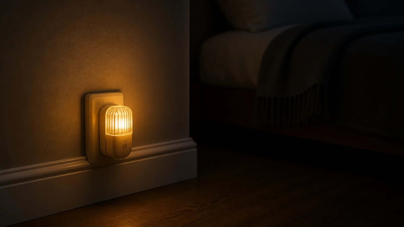 small amber nightlight glowing low near a bedroom skirting board