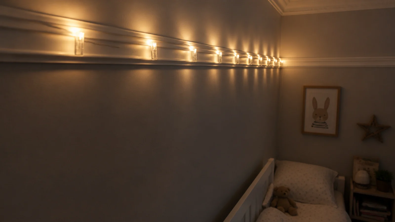 fairy light string clipped high along a picture rail above a bed