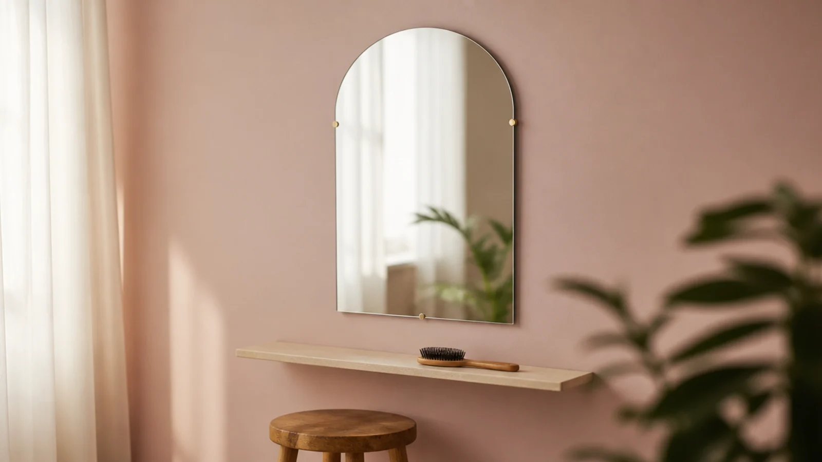 acrylic mirror screwed flat to a wall above a small wooden stool