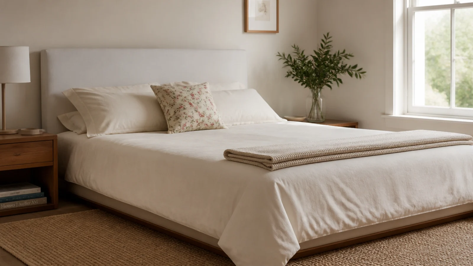 plain cotton bedding on a low bed with one patterned cushion added