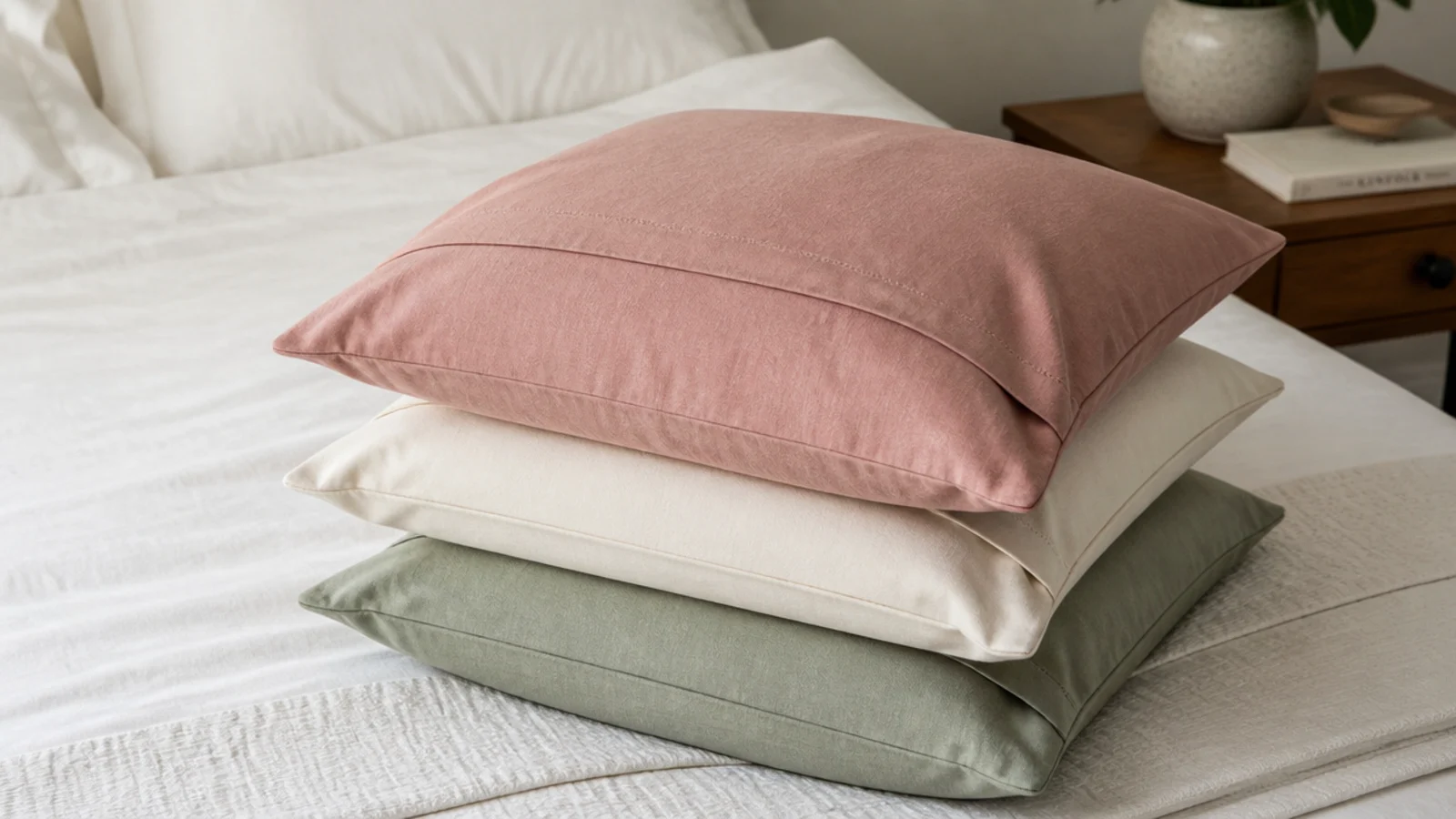 plain cotton cushion covers stacked on a bed in soft solid colours