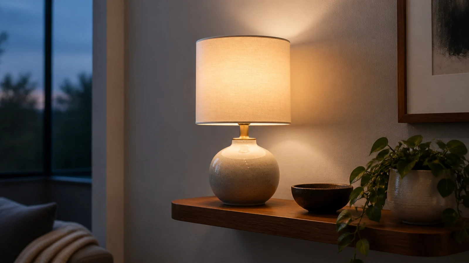 plain fabric drum shade on a low anchored bedside shelf lamp