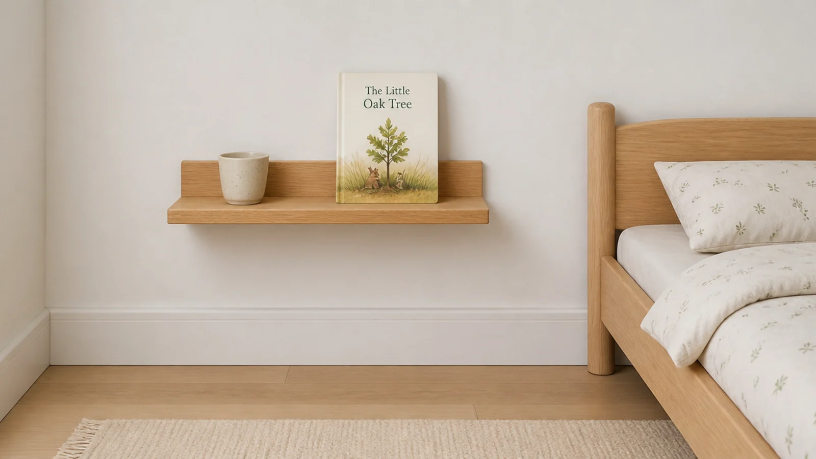 slim wall mounted shelf beside a low bed holding a cup and book