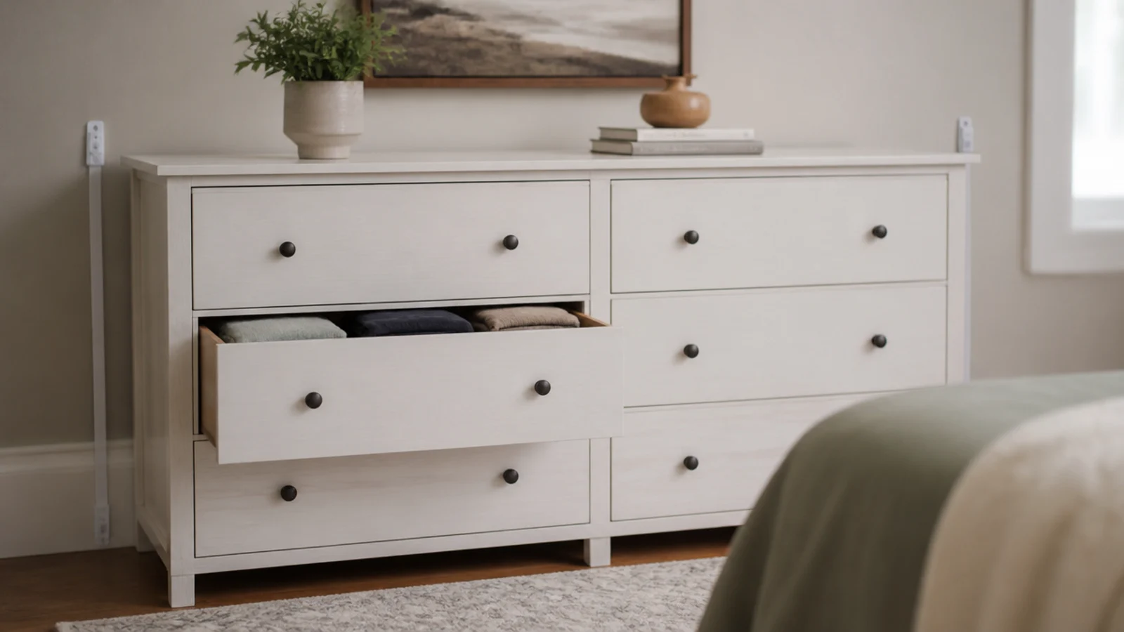 wide low wooden dresser standing where a plastic drawer tower was