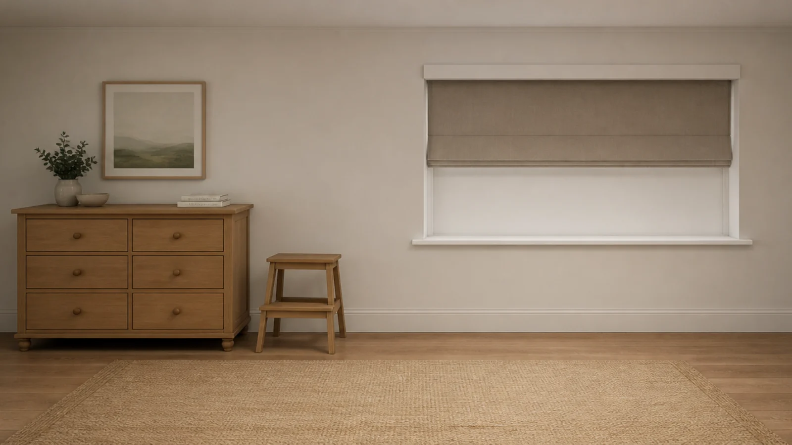 wooden step stool moved to stand beside a low chest of drawers