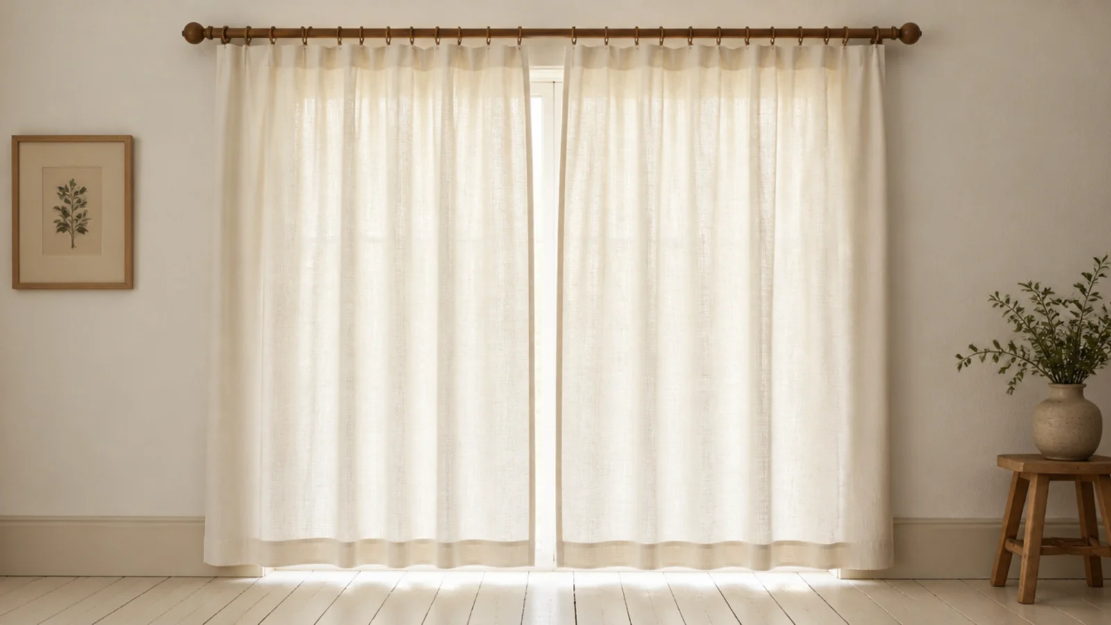 plain curtains hemmed to finish just above the floorboards