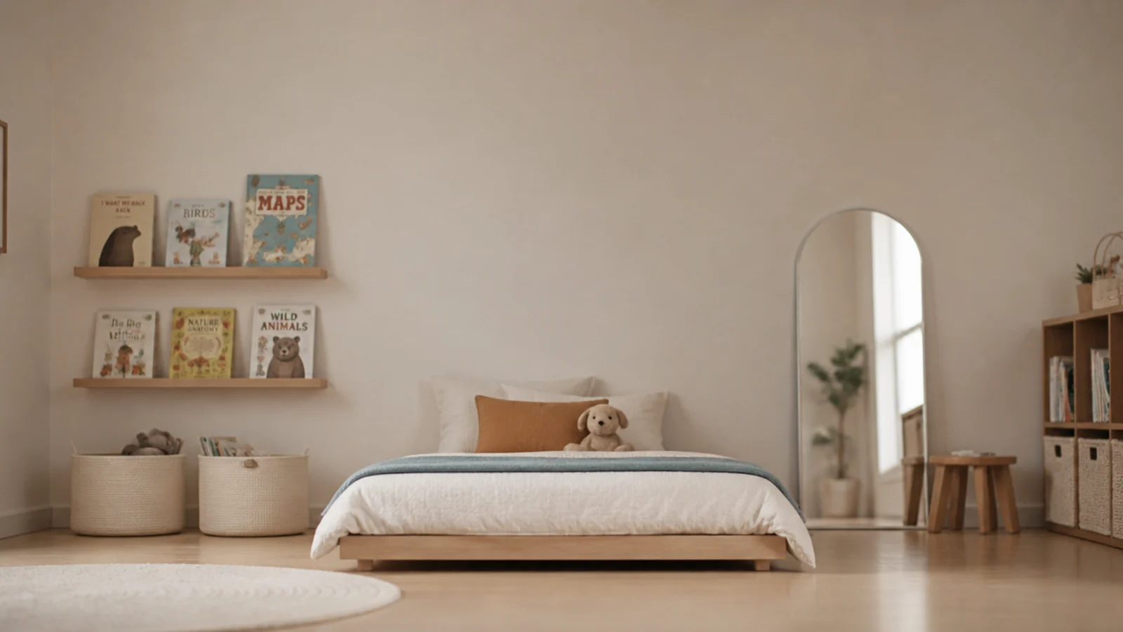 tall stripped back toddler girl bedroom decor with ledges bins and mirror