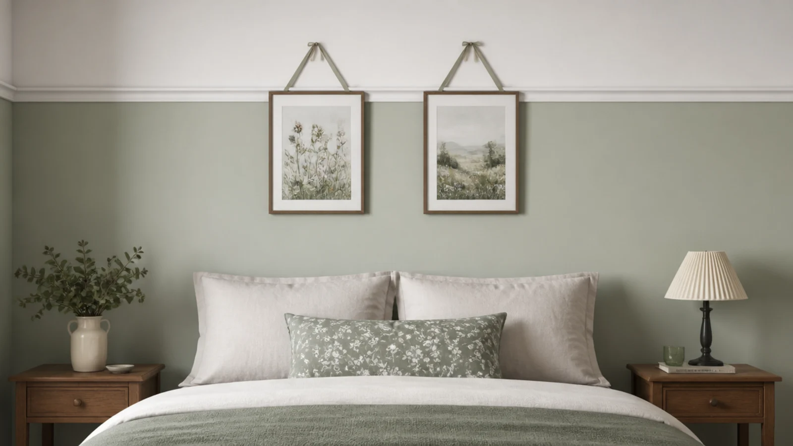 lower wall painted sage below a slim picture rail in a child bedroom