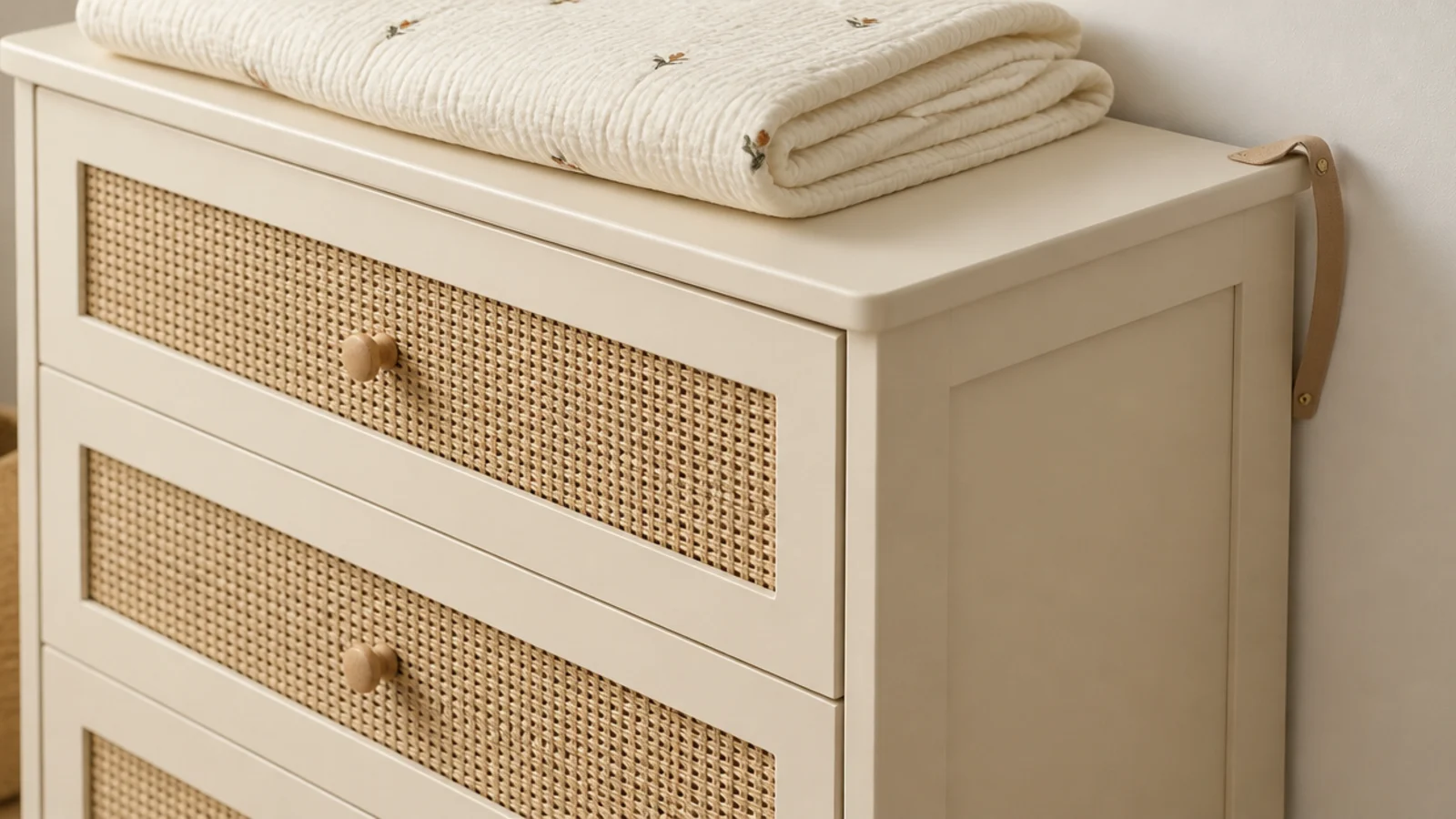 low dresser with natural woven cane drawer fronts in a child bedroom