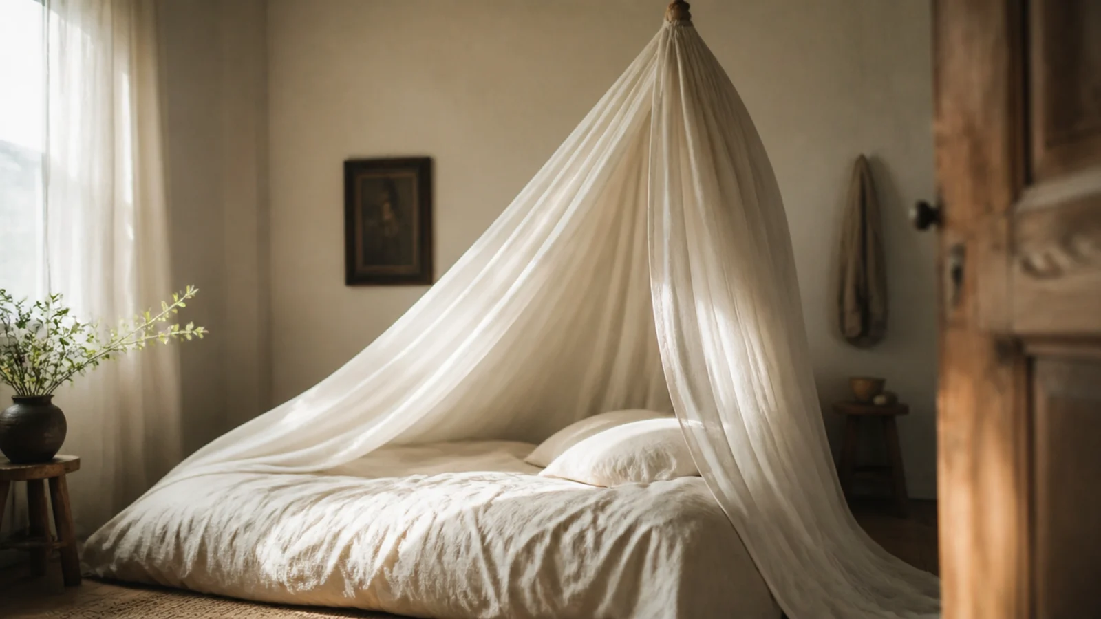 muslin canopy gathered on one hook and falling to the side of a bed