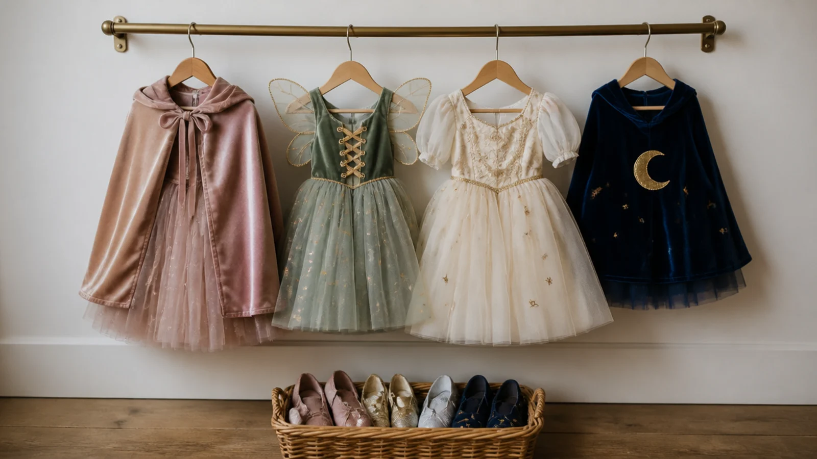 small tulle dresses hanging from a low rail against a plain wall