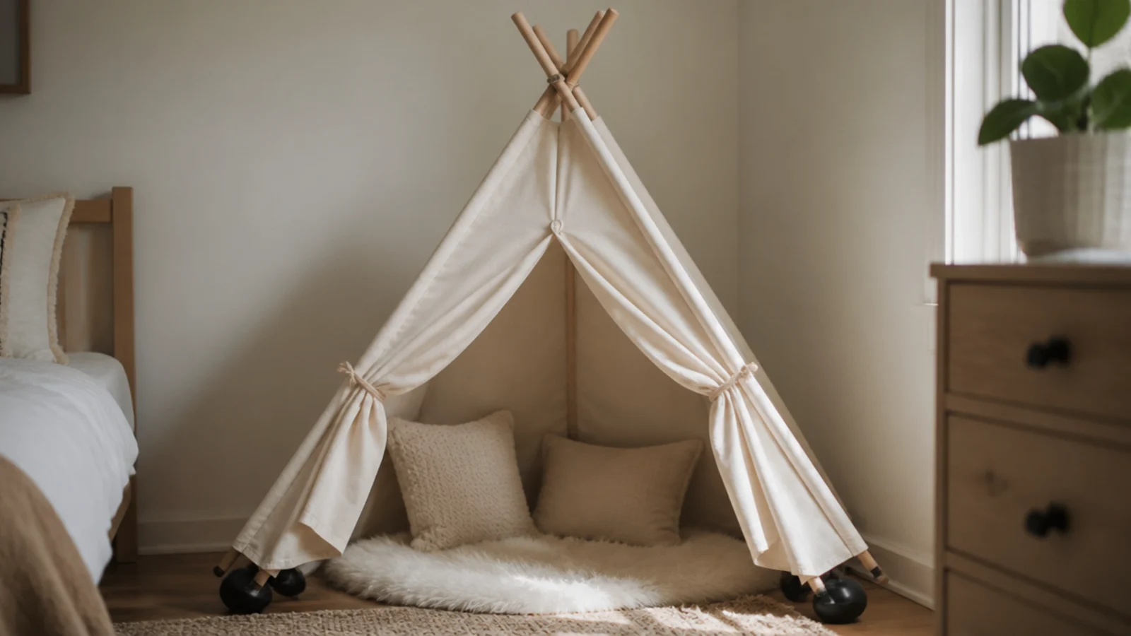 canvas play tent with an open front and a sheepskin rug inside