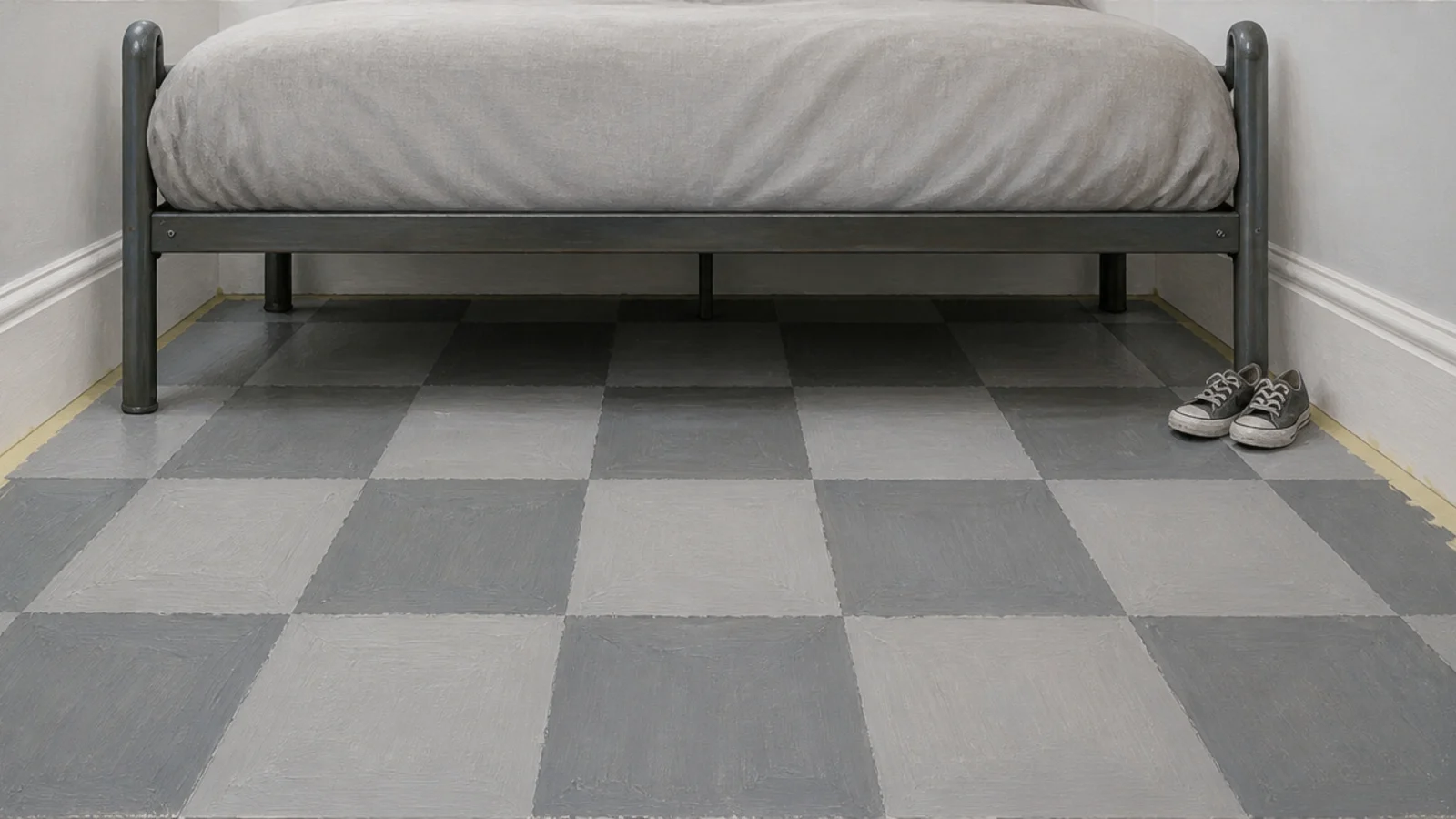 painted checkerboard floor in two pale greys under a child bed