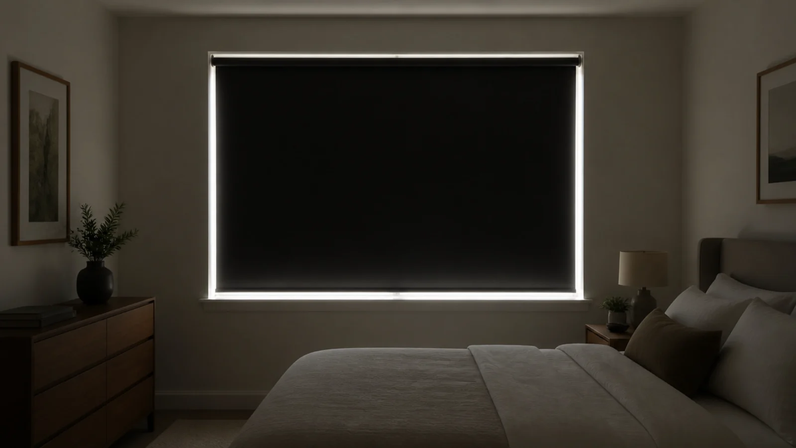 blackout roller blind lowered in a bright bedroom for a daytime nap