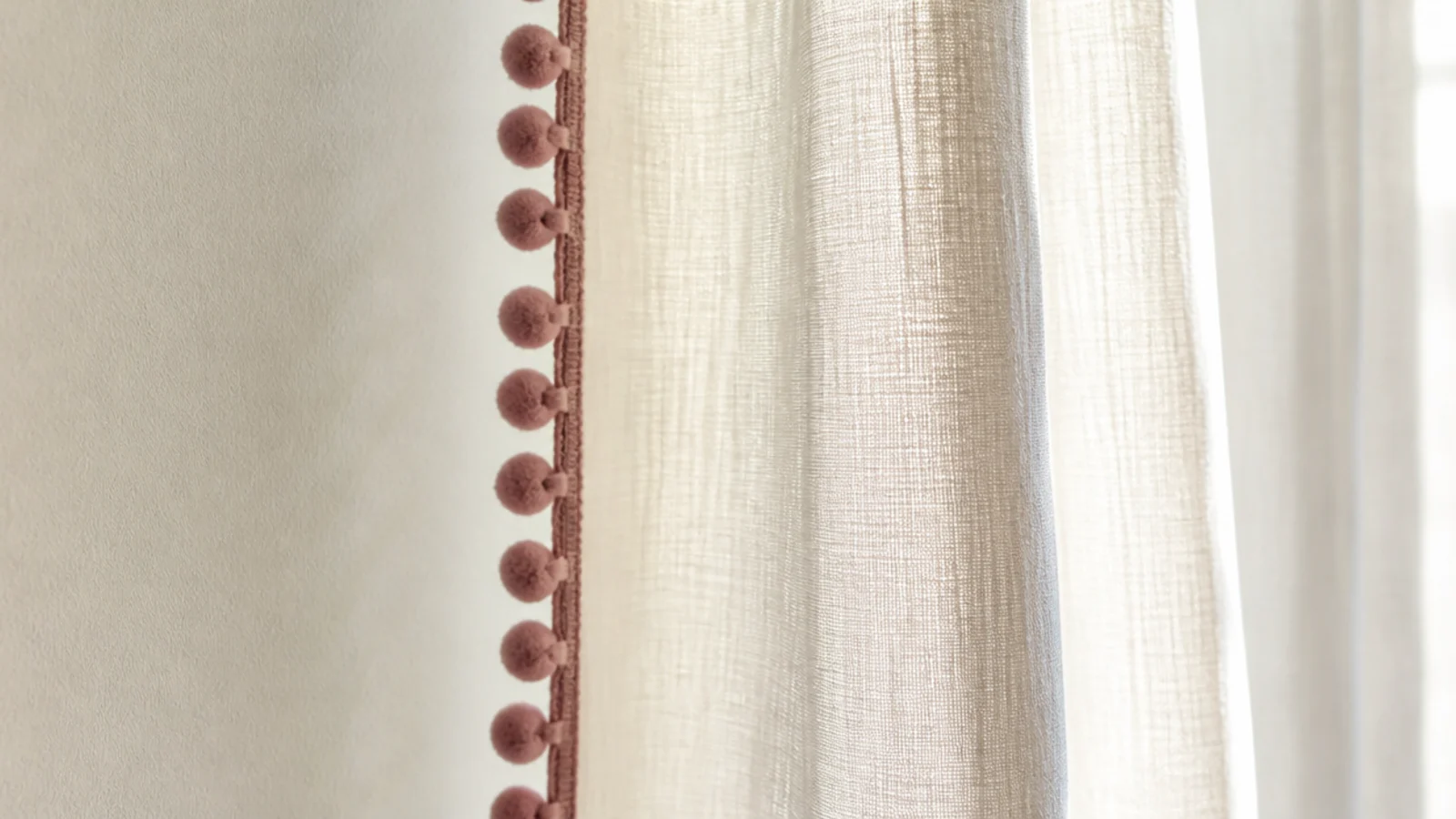 plain cream curtains finished with a small pom pom trim edge