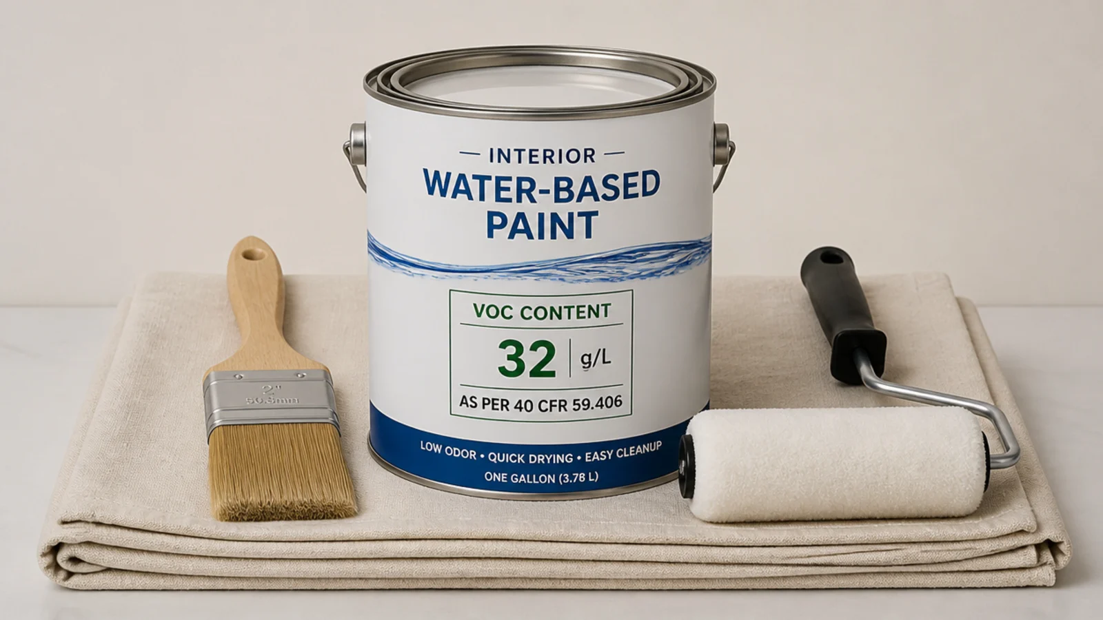 paint tin label showing low VOC content beside a brush and roller