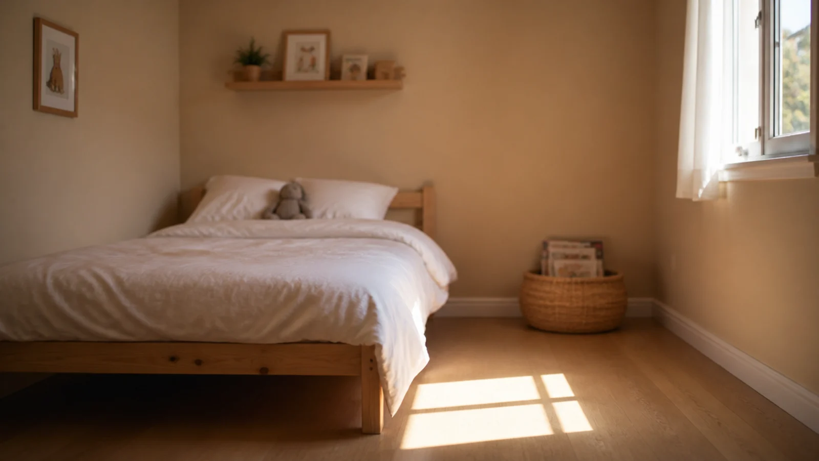 bedroom painted warm oat on every wall with white bedding