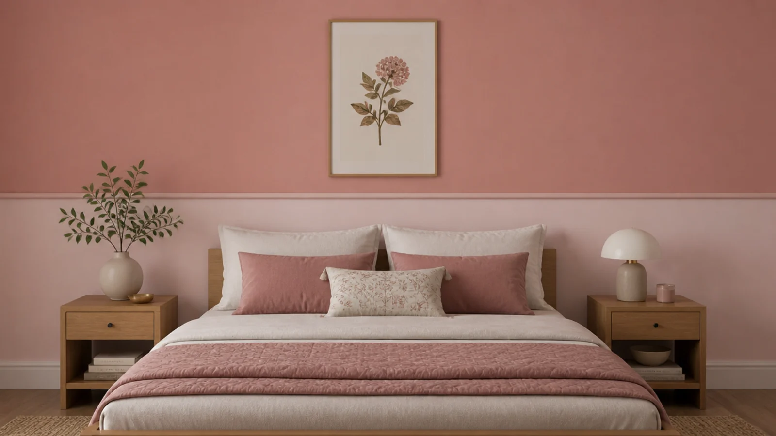 clay pink upper wall meeting a pale satin band at hip height