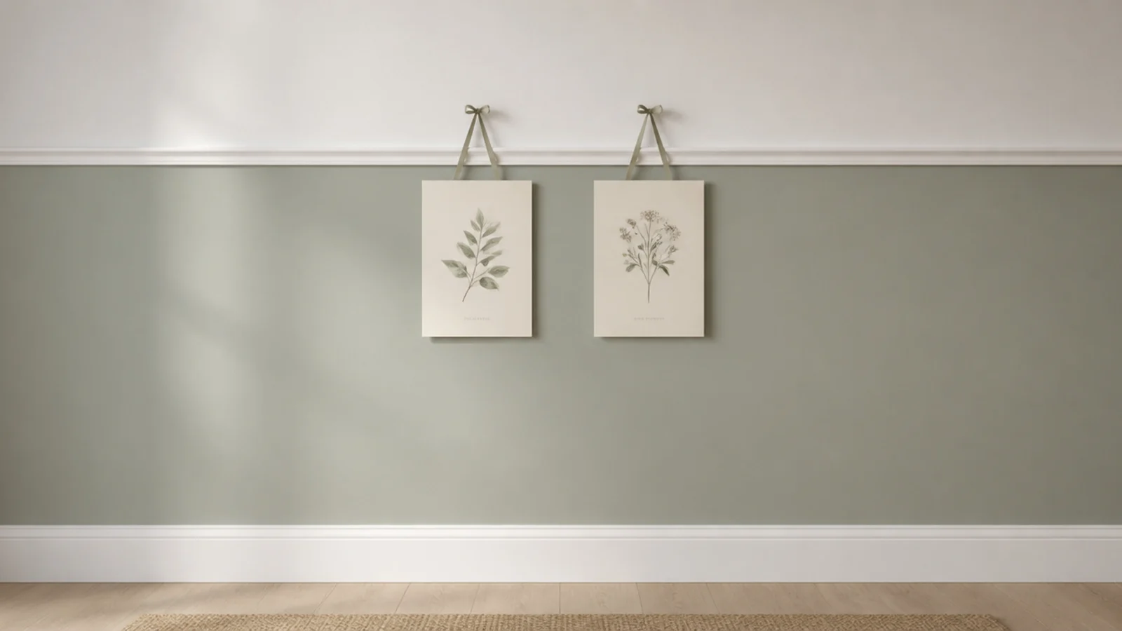 sage green wall stopping neatly at a slim white picture rail