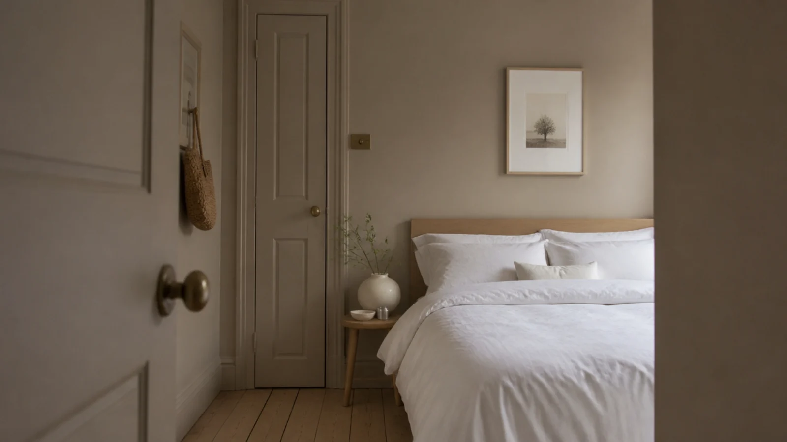 whole bedroom painted in one chalky tone including trim and door