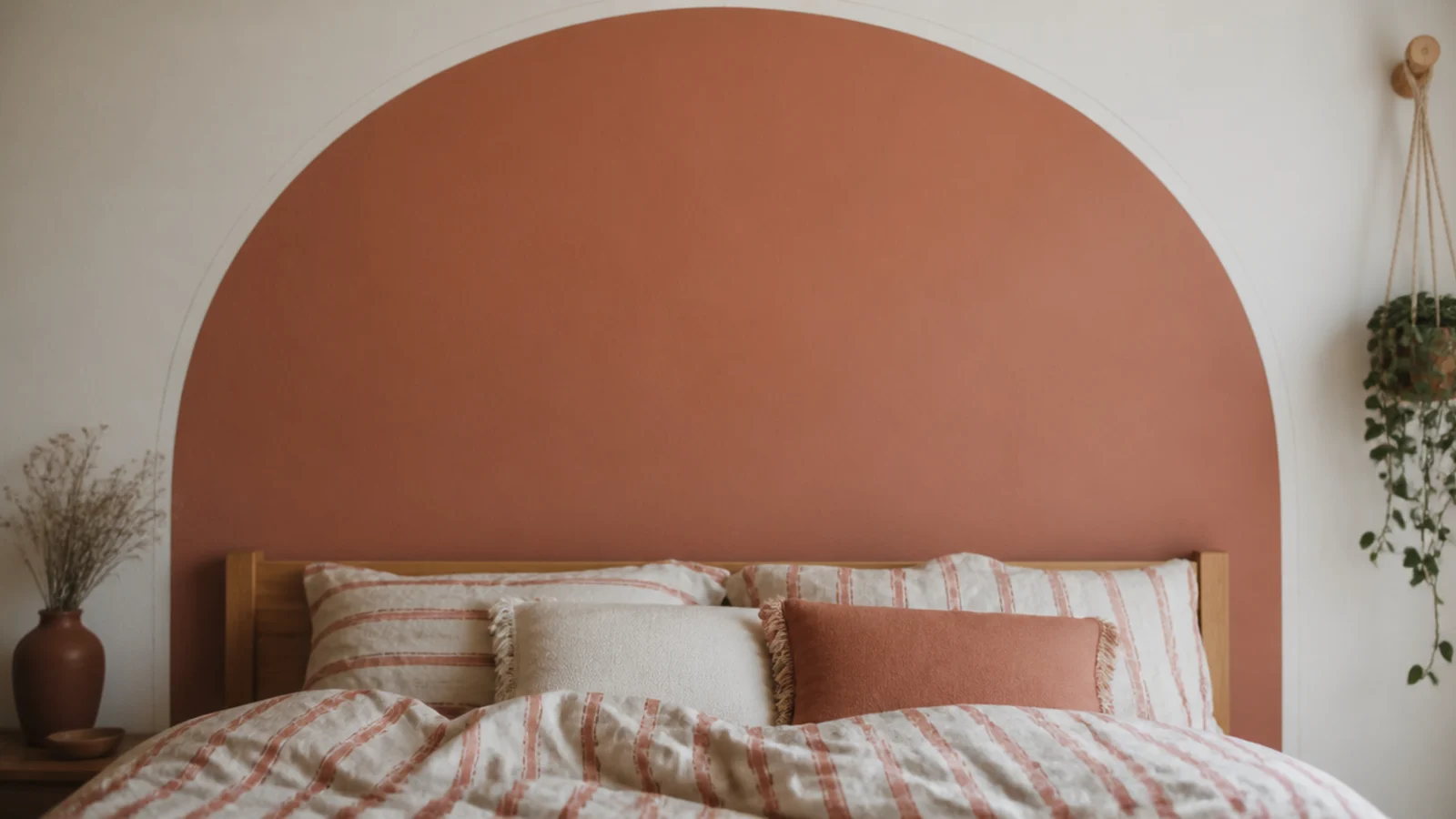 rounded painted arch rising behind a low bed on a plain wall