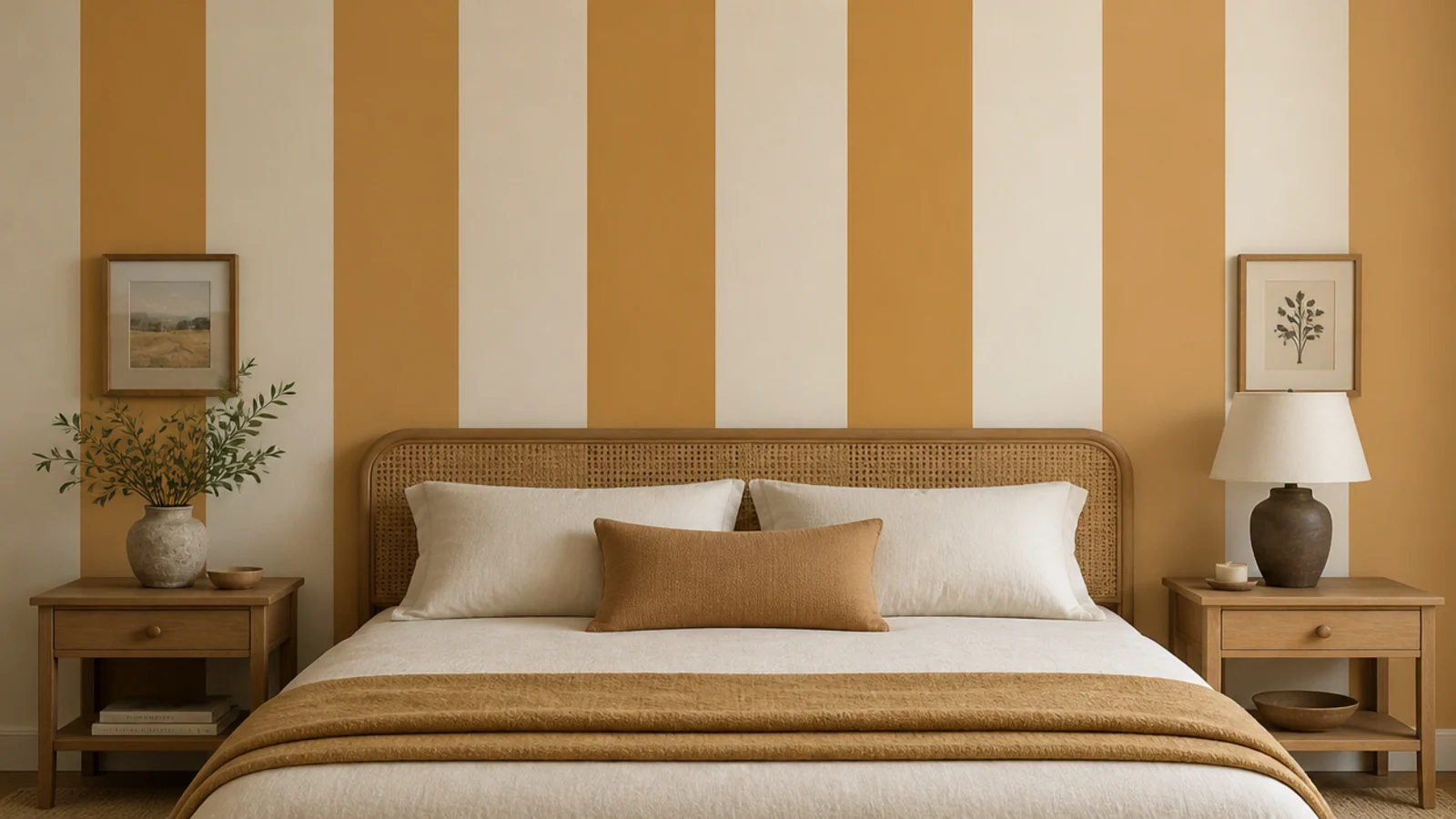 wide painted vertical stripes in cream and soft ochre on a wall