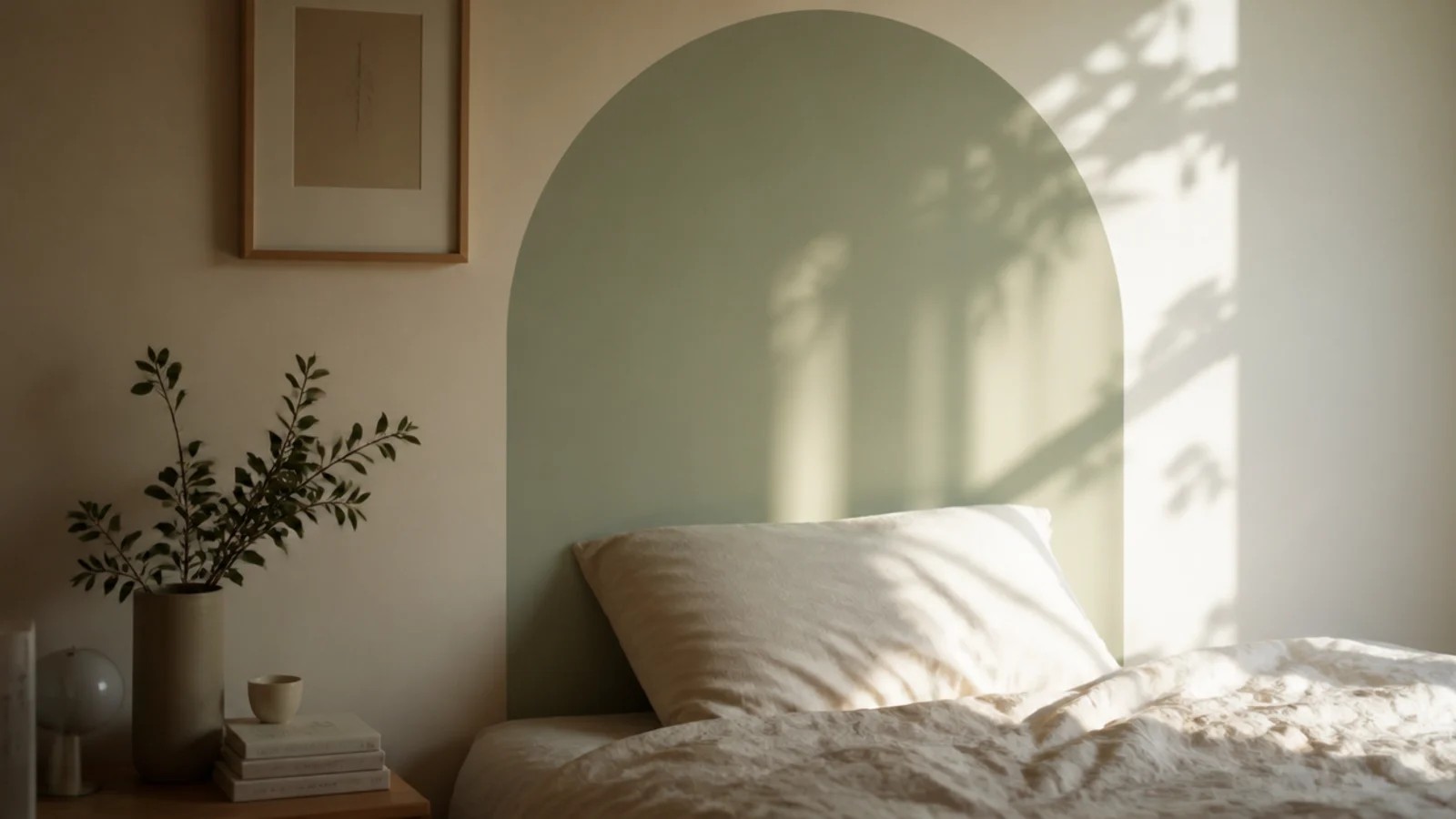 arched headboard shape painted straight onto the wall behind a bed
