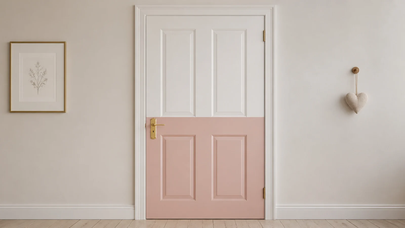 bedroom door painted soft pink on the lower half only