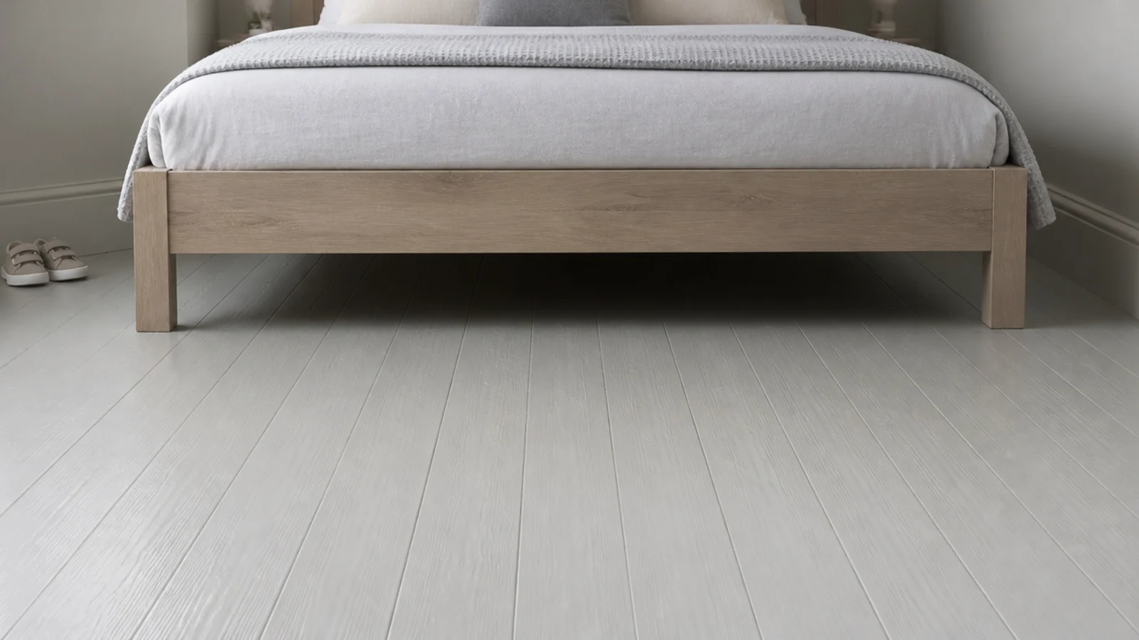 pale grey painted floorboards running beneath a low child bed