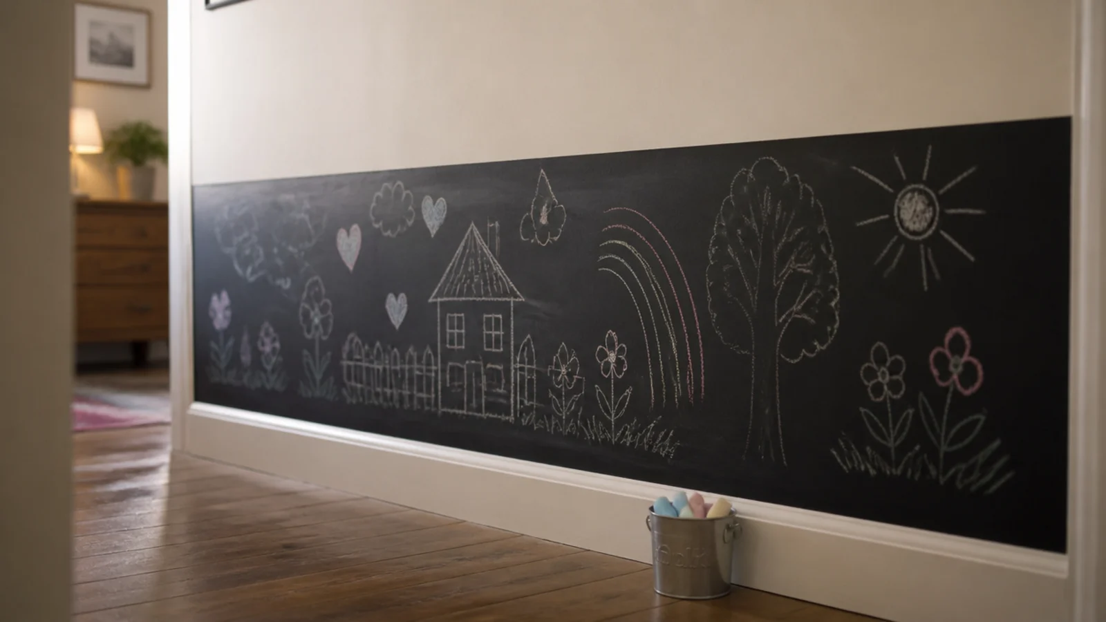 matt black chalkboard rectangle painted low on a bedroom wall
