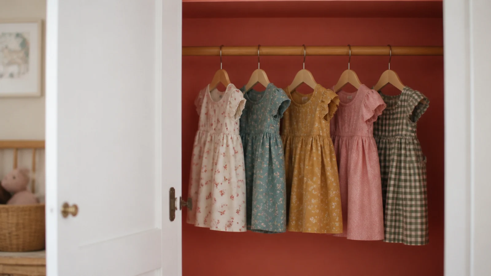 wardrobe door open revealing a strong painted interior behind clothes