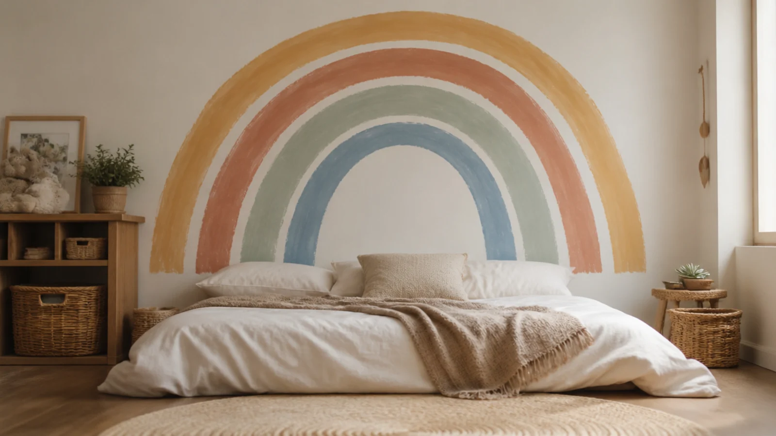 painted rainbow in chalky ochre clay sage and dusty blue on a wall