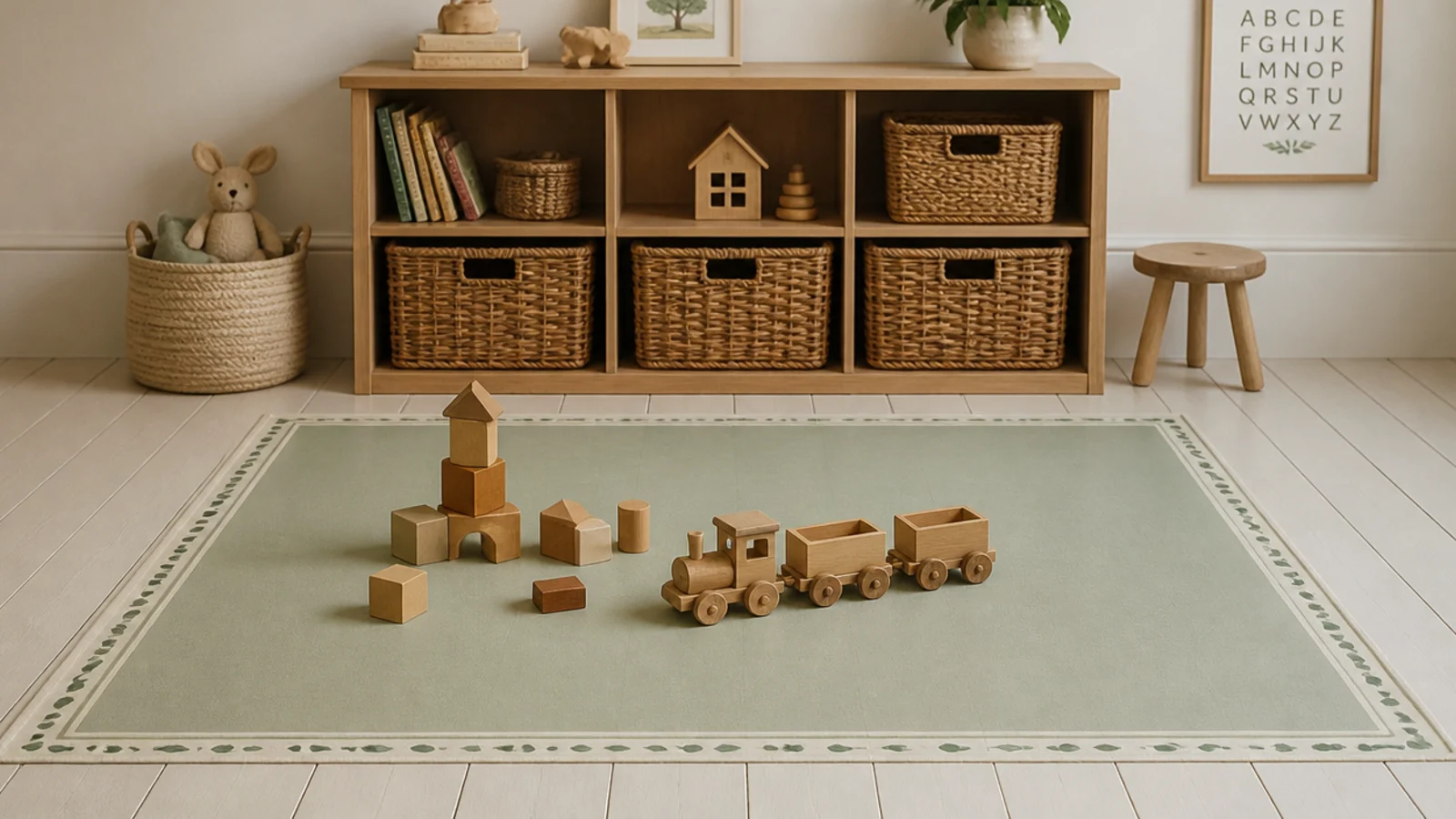 rectangular painted panel on floorboards marking a play area