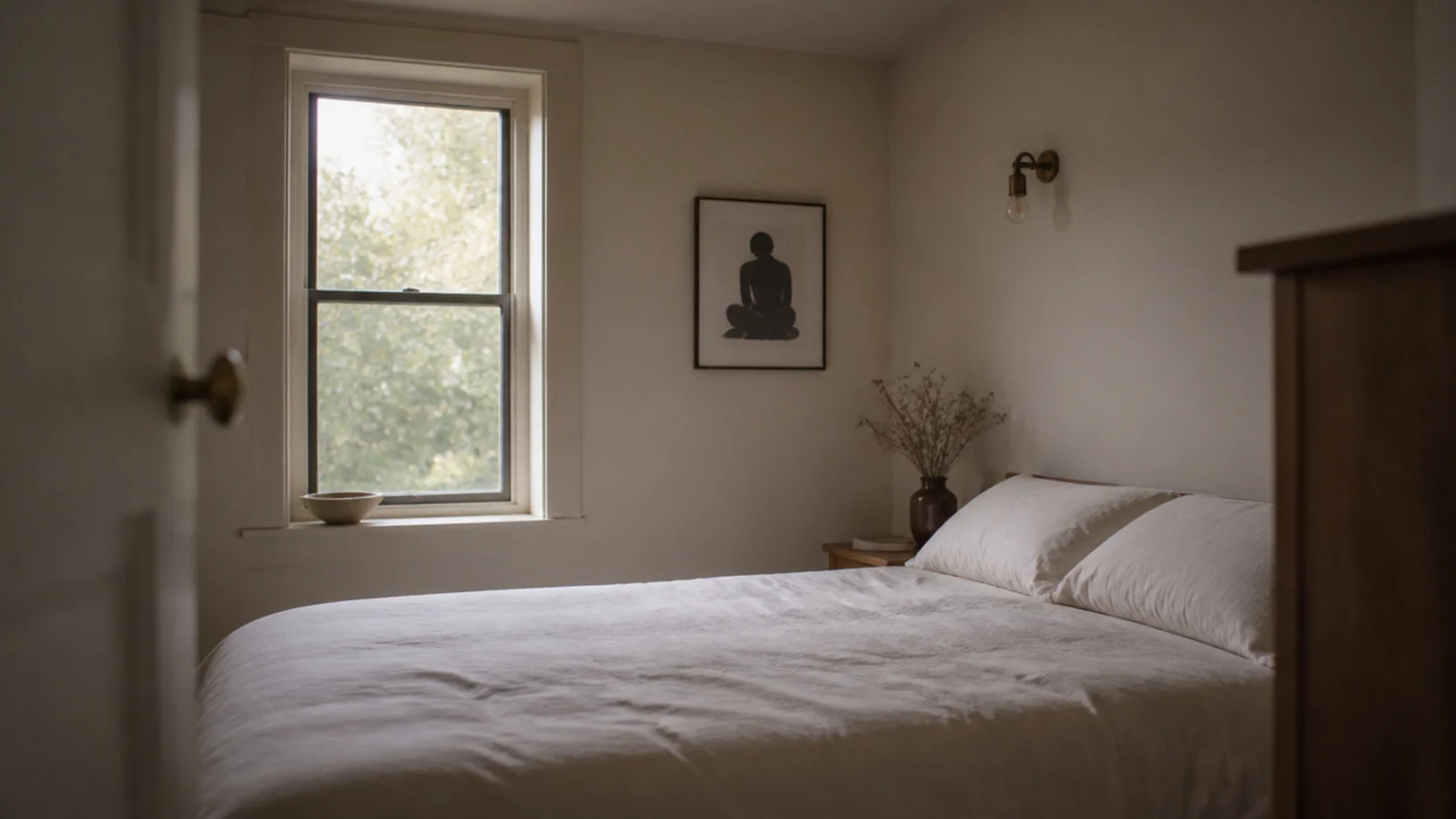 small bedroom with walls and ceiling in one continuous pale tone