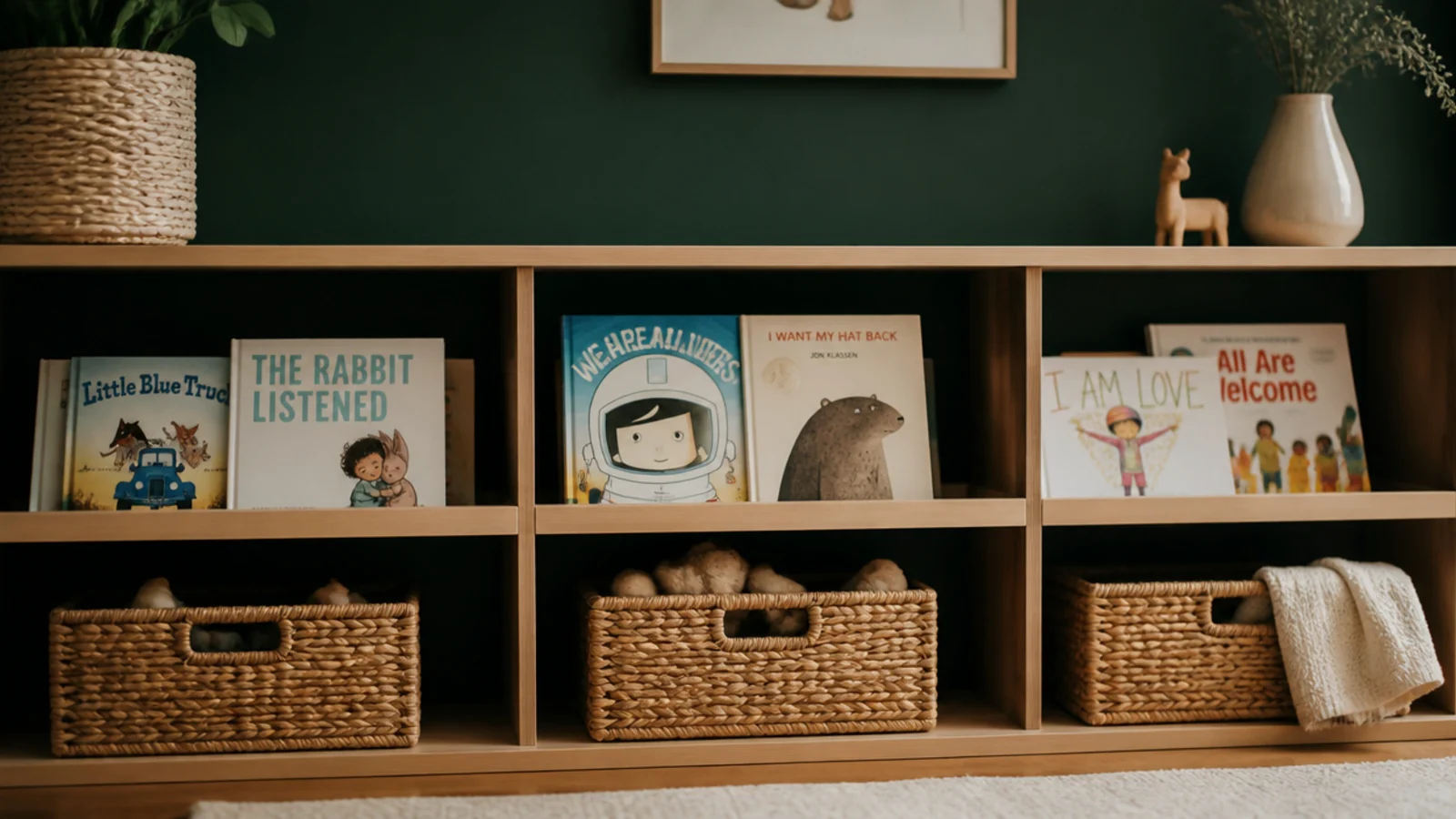 deep green painted wall showing between the shelves of a low unit