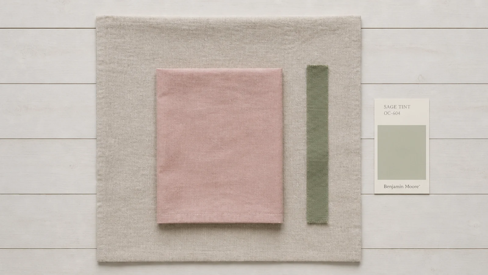 flat lay showing sixty thirty ten colour split in fabric and paint