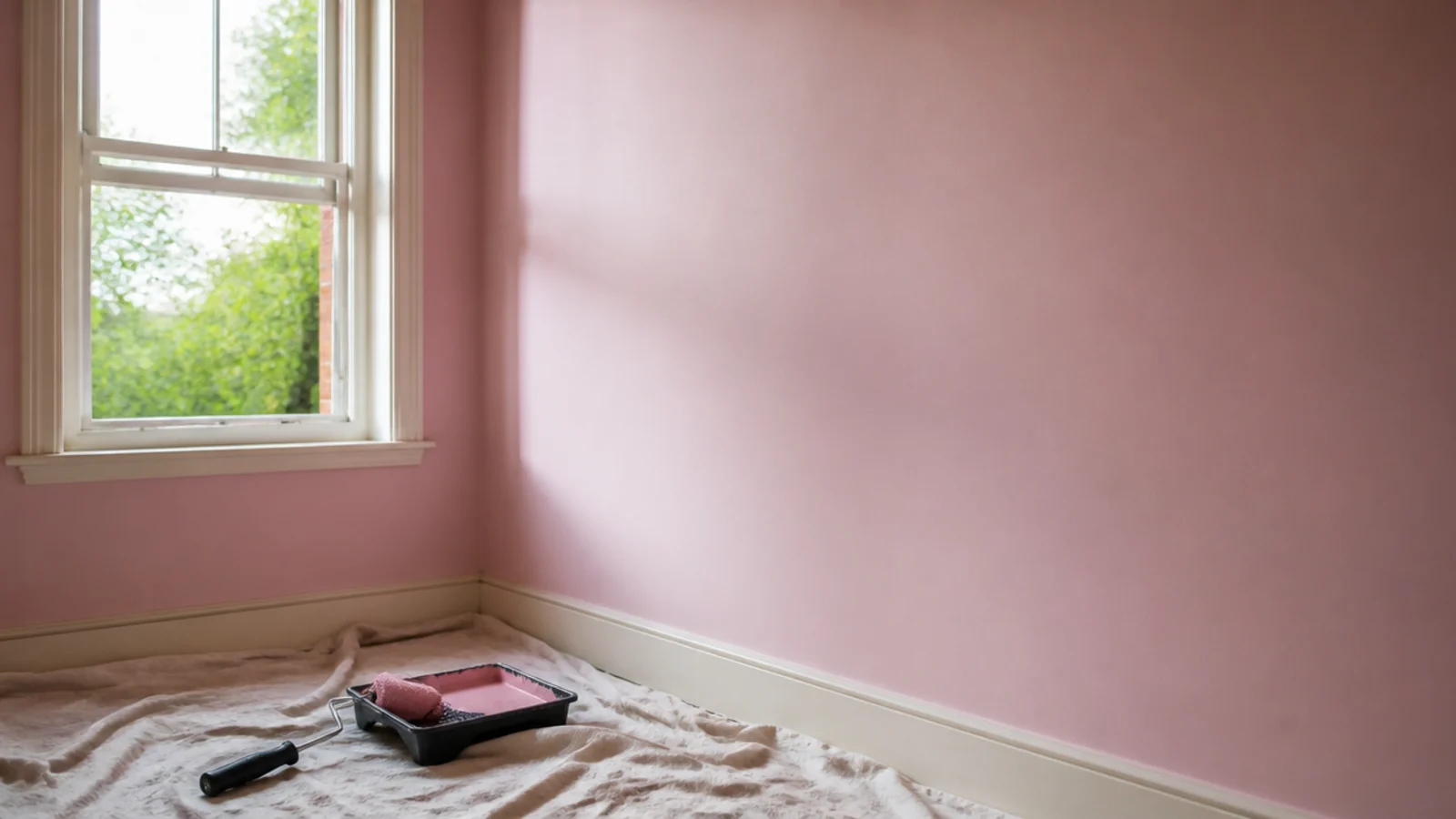 open bedroom window with fresh paint drying on a pink wall