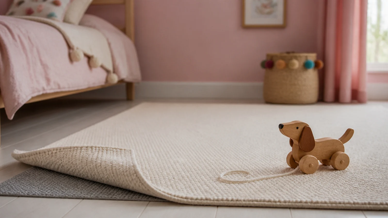 flat cream wool rug laid over pale boards in a pink walled room